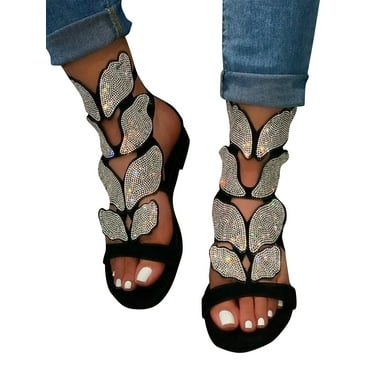 Details about   Women Butterfly Rhinestone Gladiator Flat Heel Summer Glitter Sandals Shoes Size